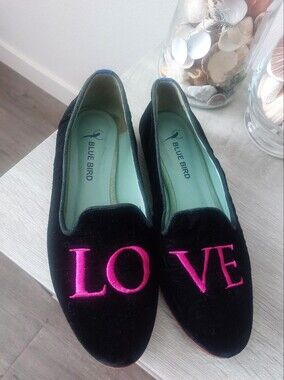 "Blue Bird" Black Velvet Flats with Pink LOVE Embroidery Size: USA (6B) EUR:37